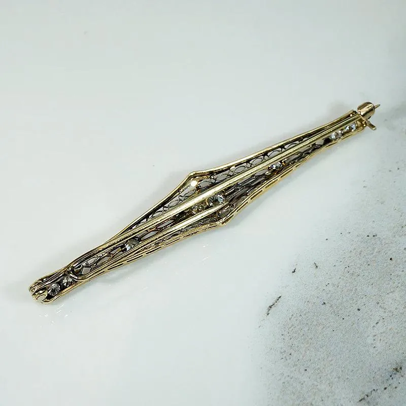 Old Euro Diamonds in Platinum & Gold Filigree Bar Pin