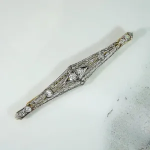 Old Euro Diamonds in Platinum & Gold Filigree Bar Pin