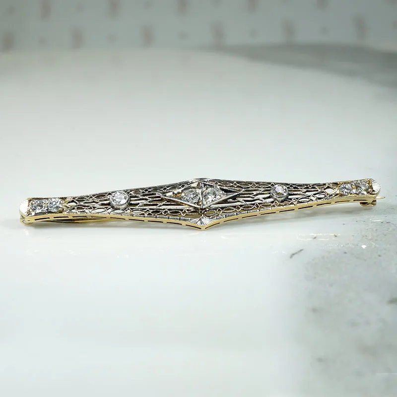 Old Euro Diamonds in Platinum & Gold Filigree Bar Pin