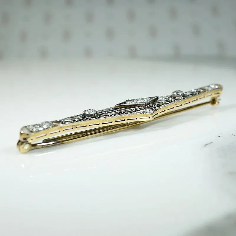 Old Euro Diamonds in Platinum & Gold Filigree Bar Pin