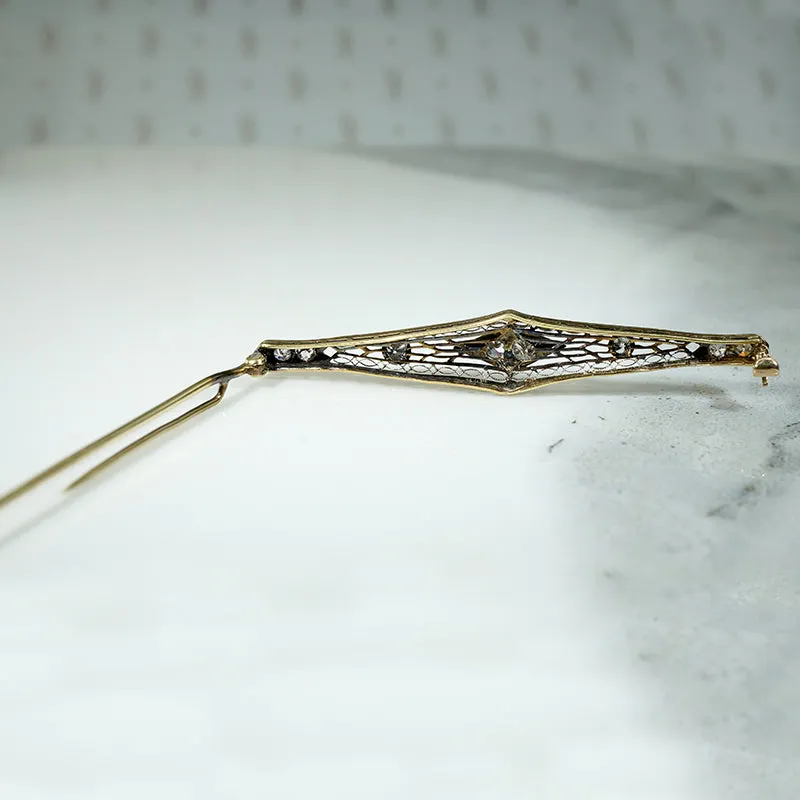 Old Euro Diamonds in Platinum & Gold Filigree Bar Pin
