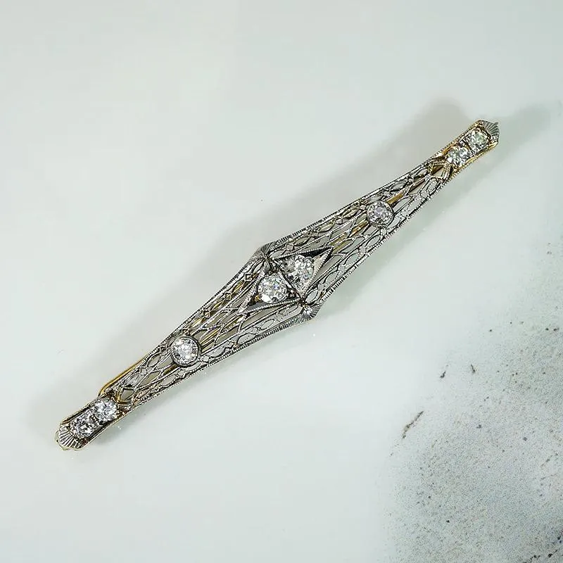 Old Euro Diamonds in Platinum & Gold Filigree Bar Pin