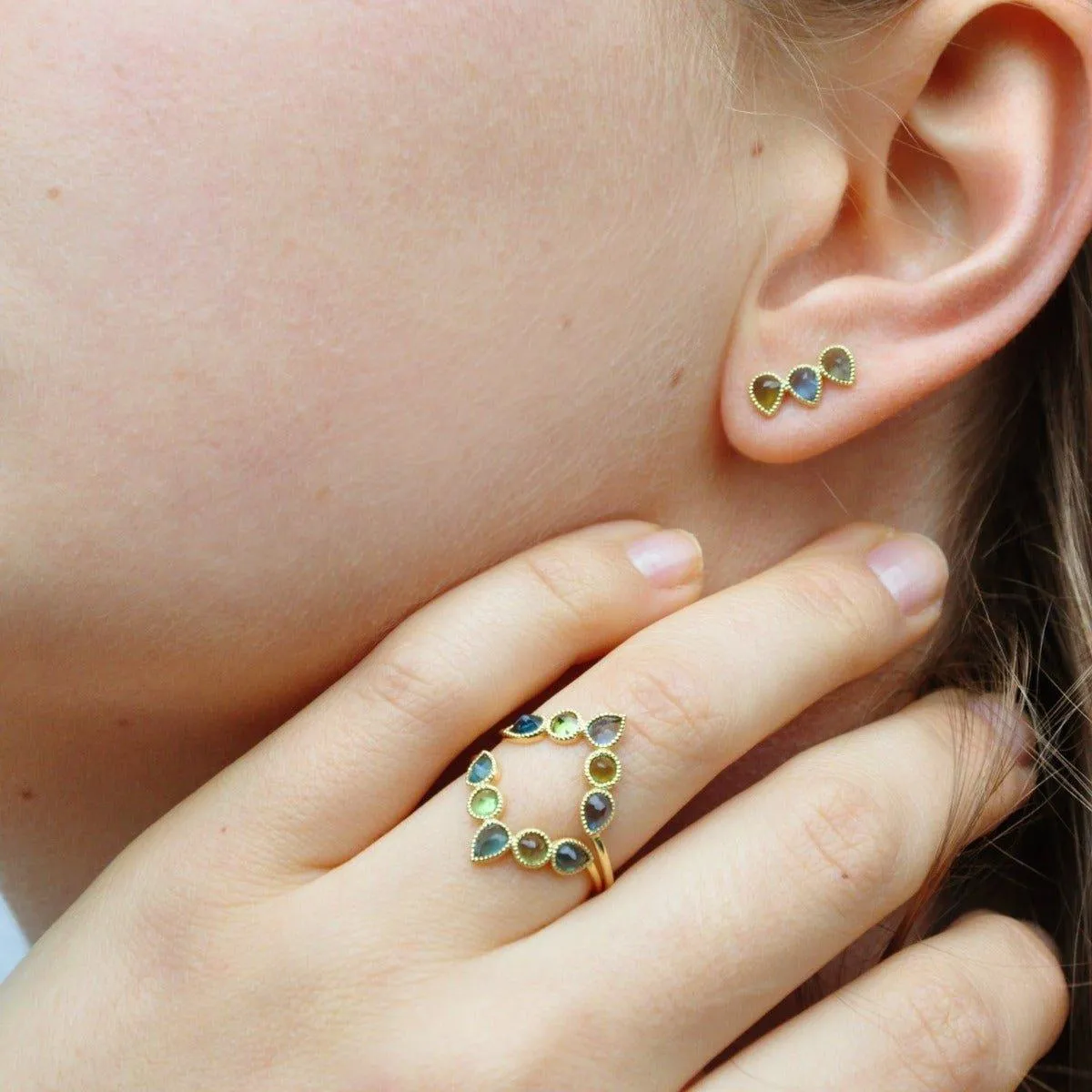 Precious Ear Climber- Left - Blue Topaz Tourmaline -18k Gold