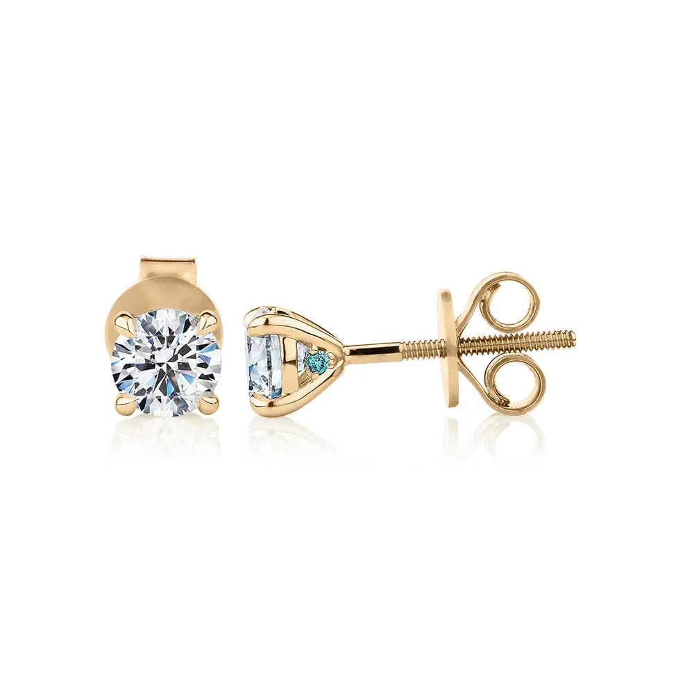 Premium Certified Lab-Grown Diamond, 1.00 carat TW round brilliant stud earrings in 18 carat yellow gold