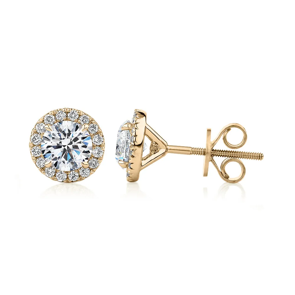 Premium Certified Lab-Grown Diamond, 1.67 carat TW round brilliant halo earrings in 14 carat yellow gold