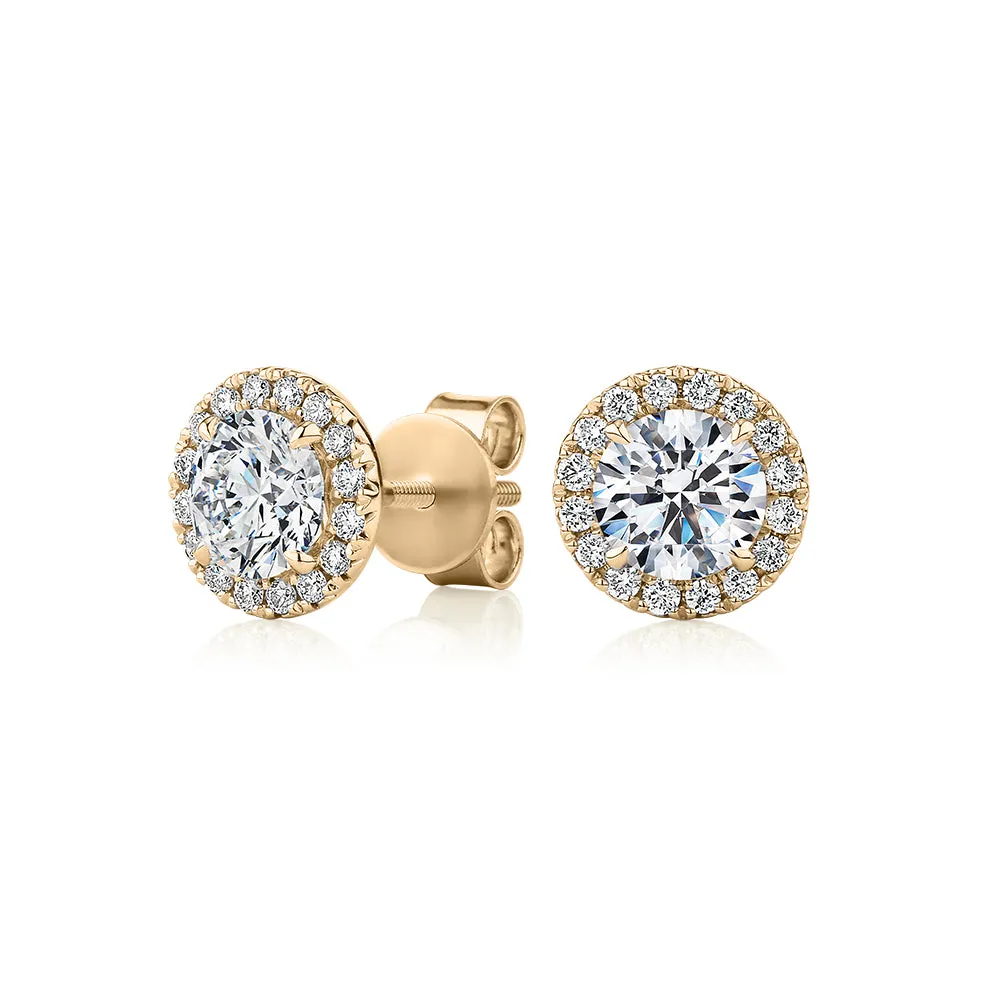 Premium Certified Lab-Grown Diamond, 1.67 carat TW round brilliant halo earrings in 14 carat yellow gold