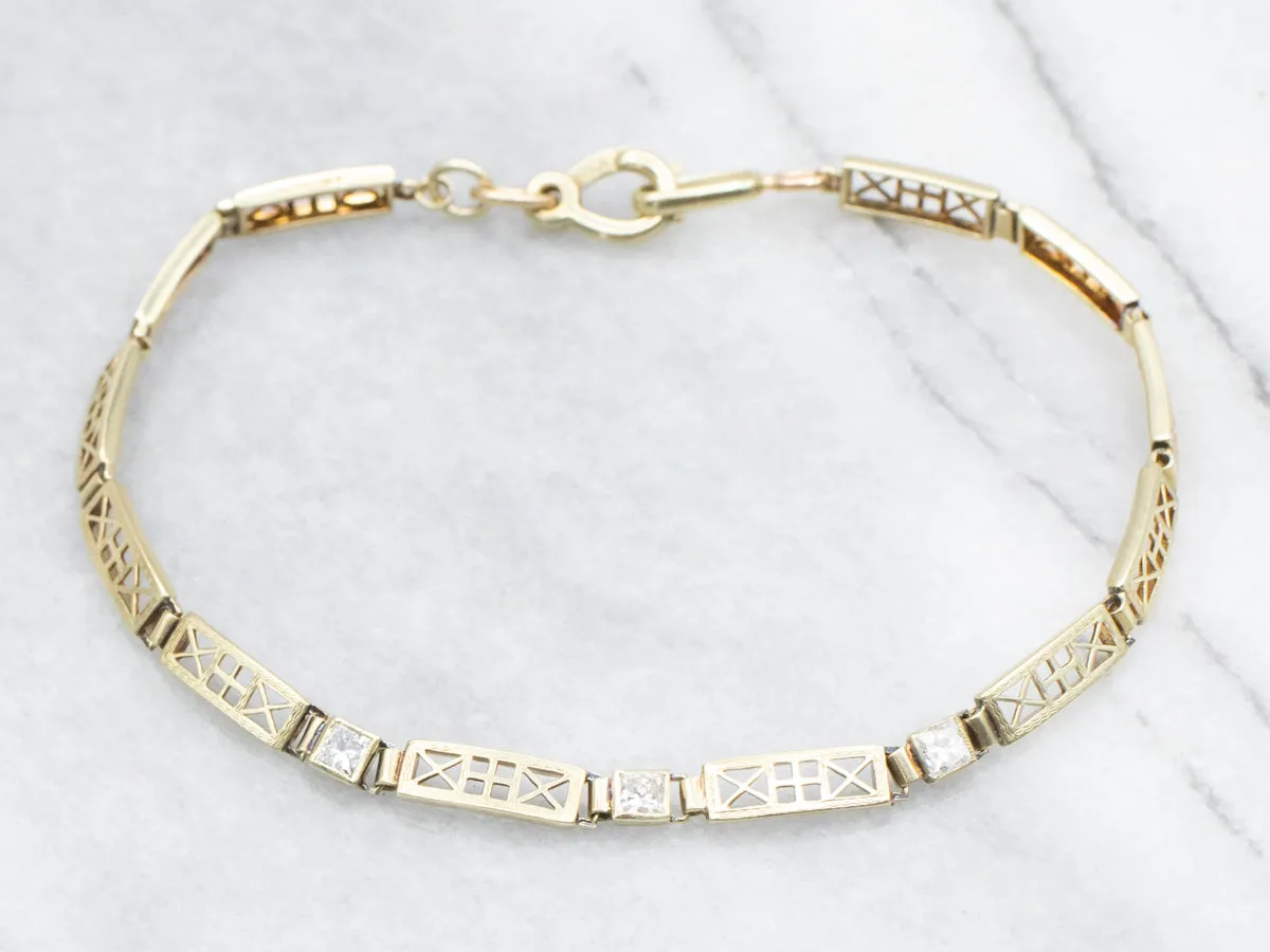 Princess Cut Diamond and Gold Link Bracelet