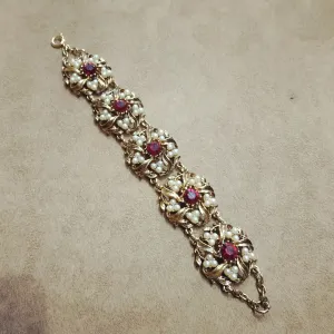 Red Floral Swirl Pearl Gold Vintage Bracelet