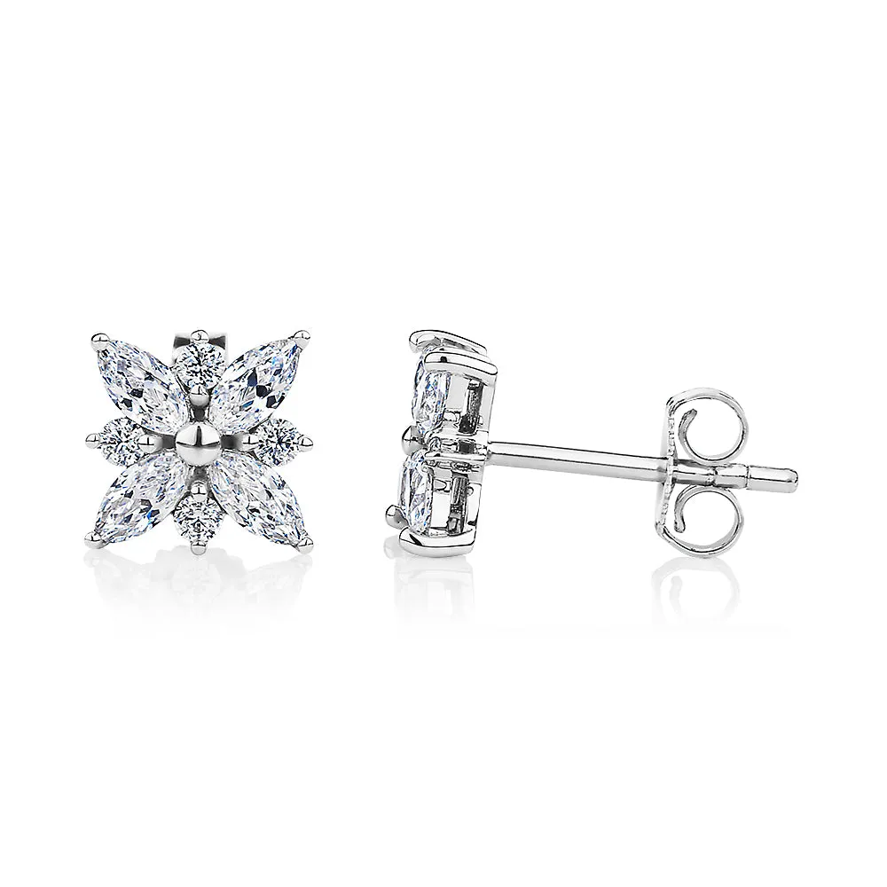 Round Brilliant and Marquise stud earrings with 0.84 carats* of diamond simulants in 10 carat white gold