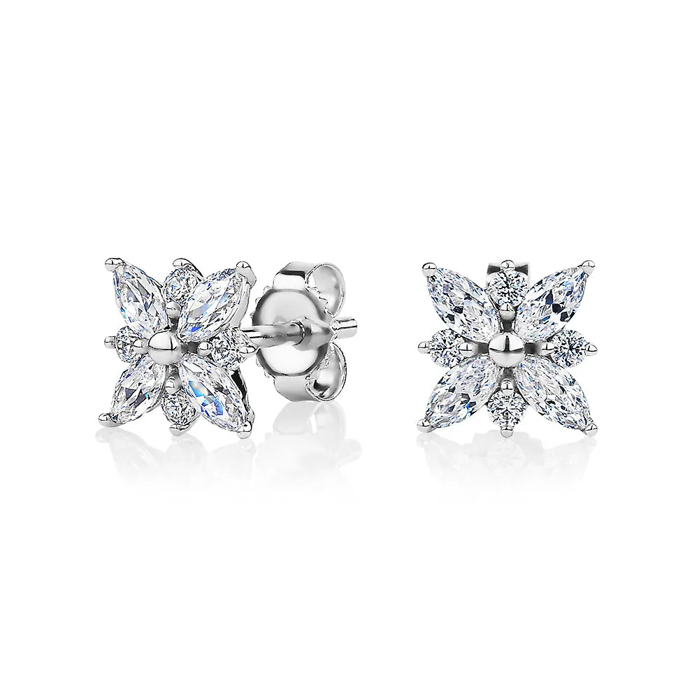 Round Brilliant and Marquise stud earrings with 0.84 carats* of diamond simulants in 10 carat white gold
