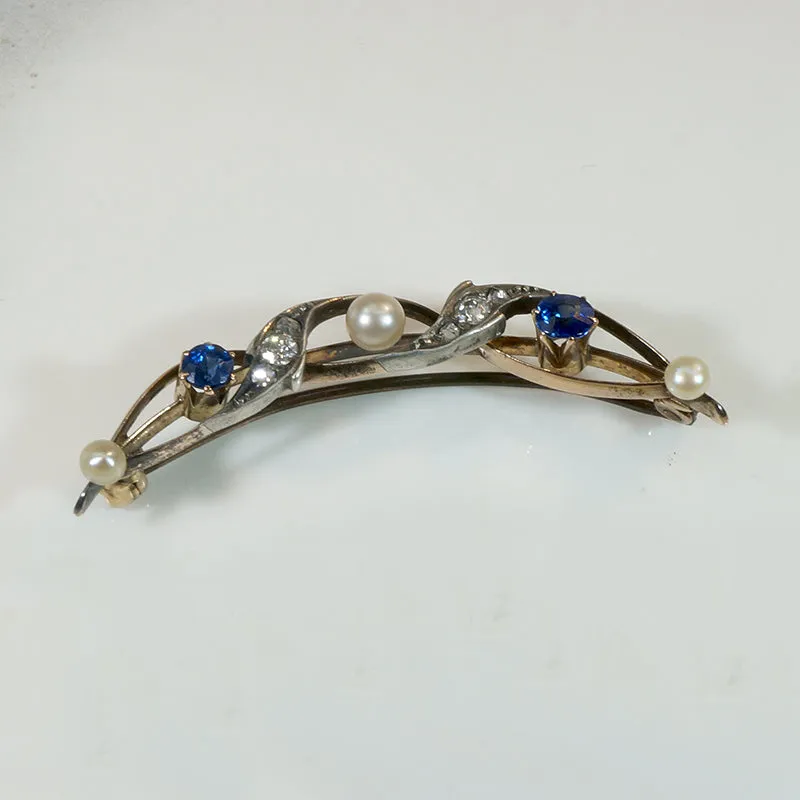 Sapphire & Pearl Spiral Crescent Moon Brooch