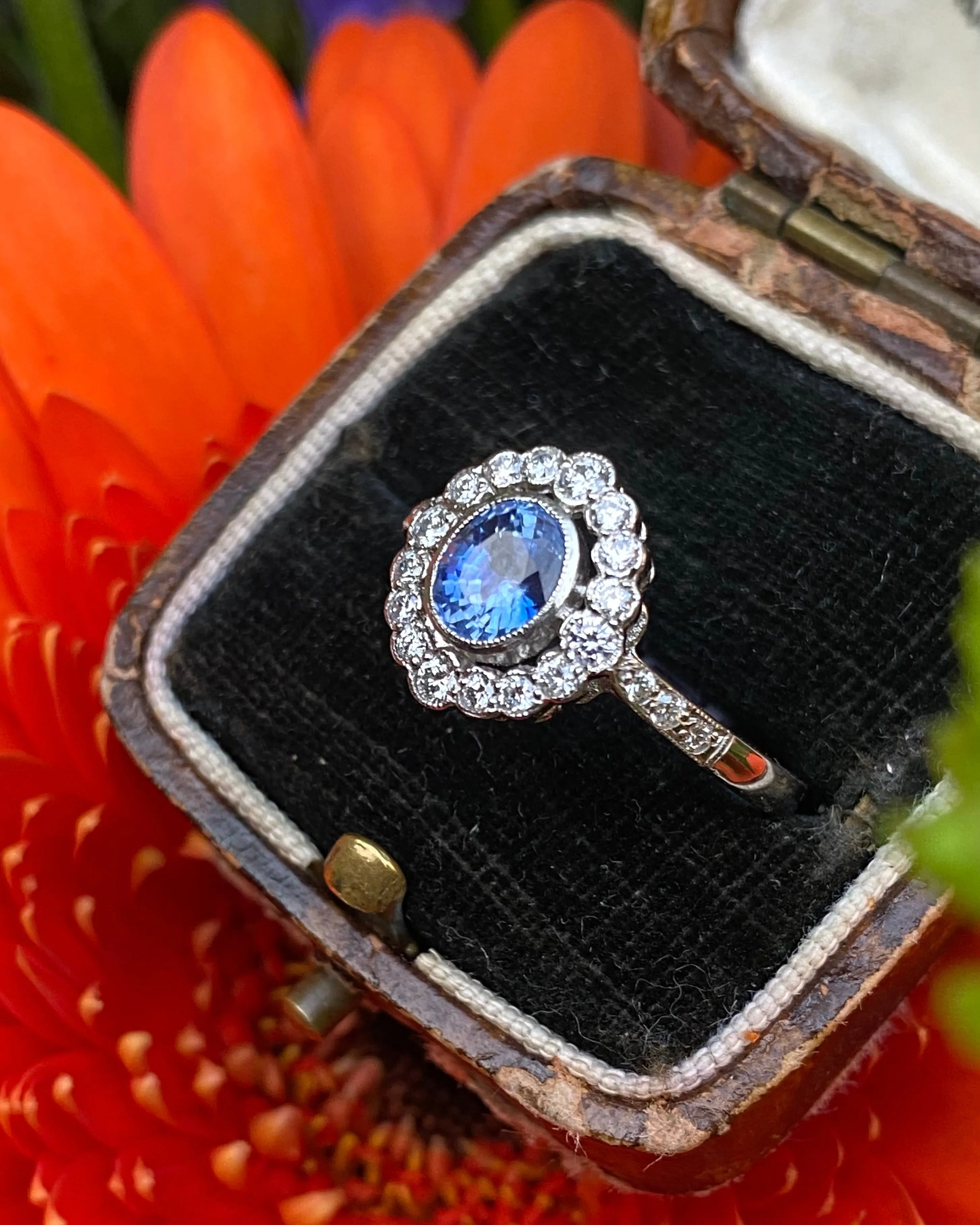Sapphire and Diamond Cluster Platinum Ring 0.35ct   0.75ct