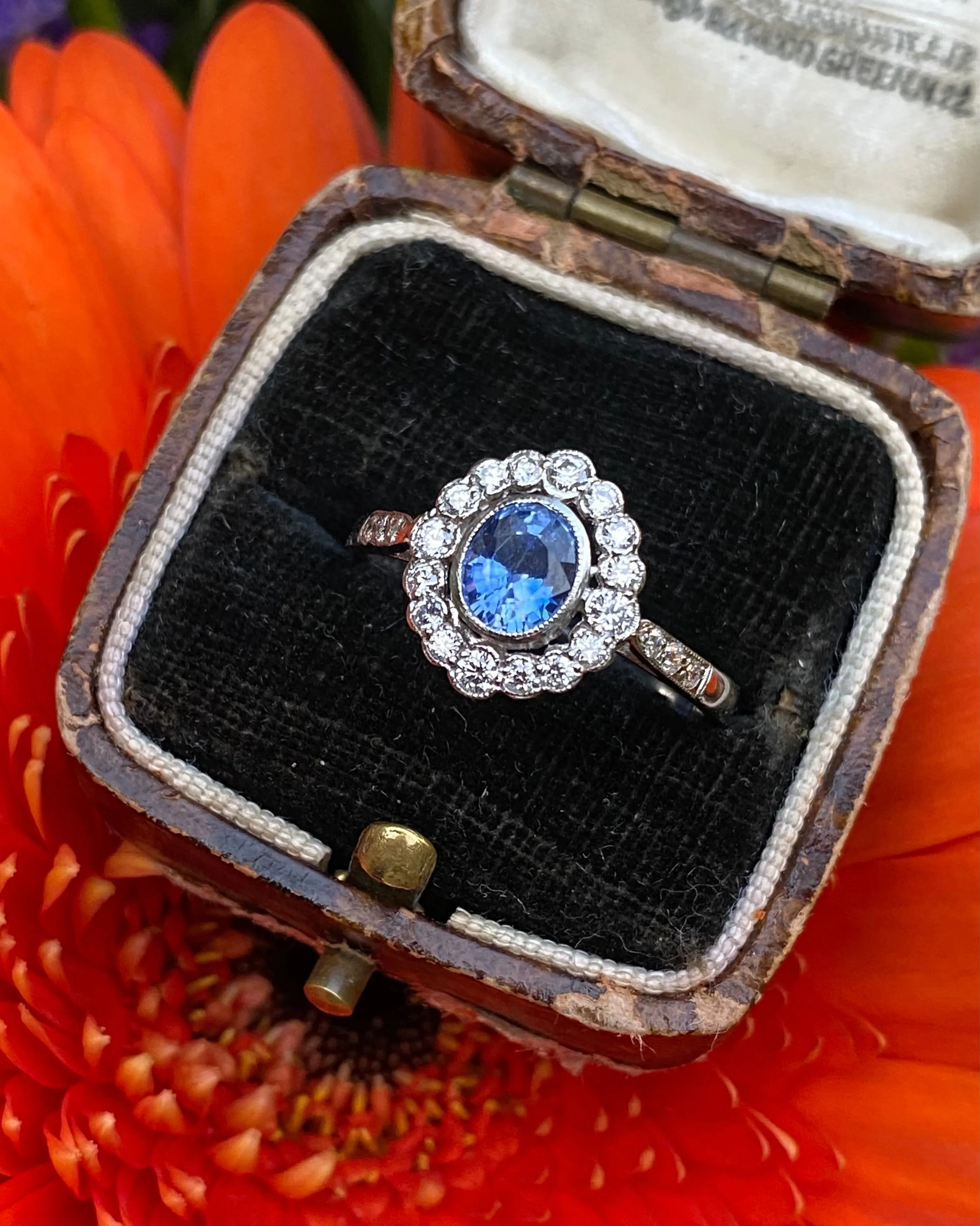 Sapphire and Diamond Cluster Platinum Ring 0.35ct   0.75ct