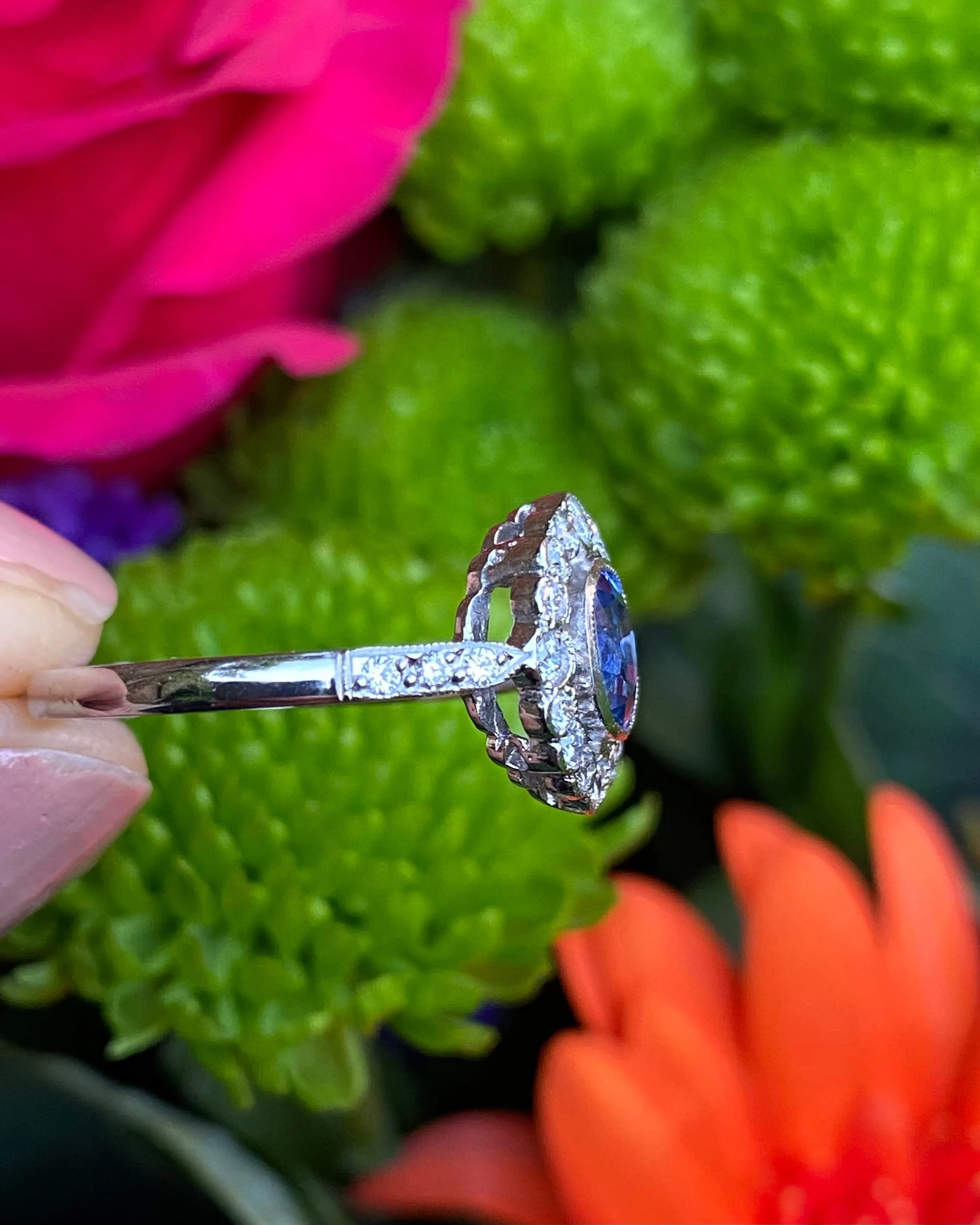 Sapphire and Diamond Cluster Platinum Ring 0.35ct   0.75ct