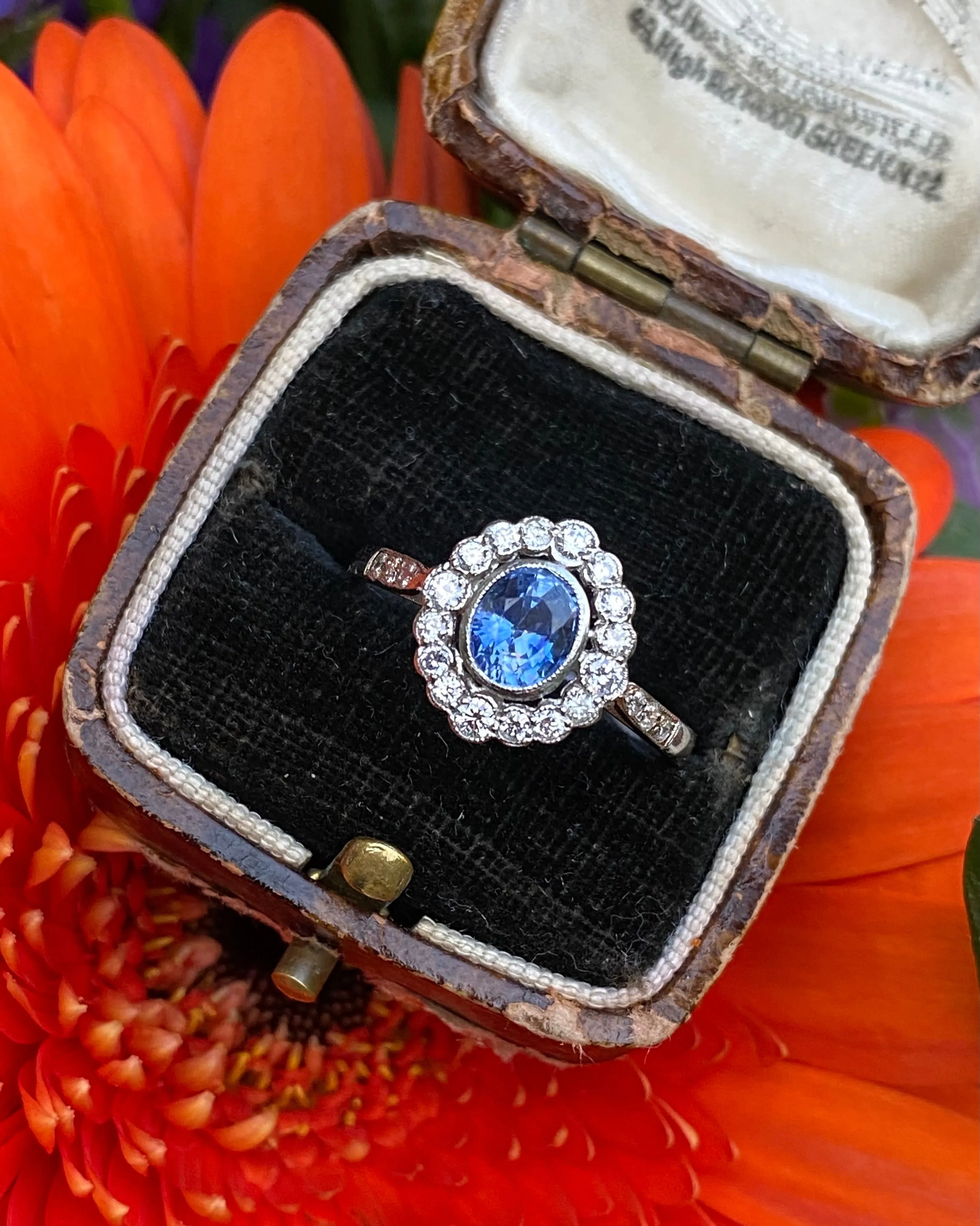 Sapphire and Diamond Cluster Platinum Ring 0.35ct   0.75ct
