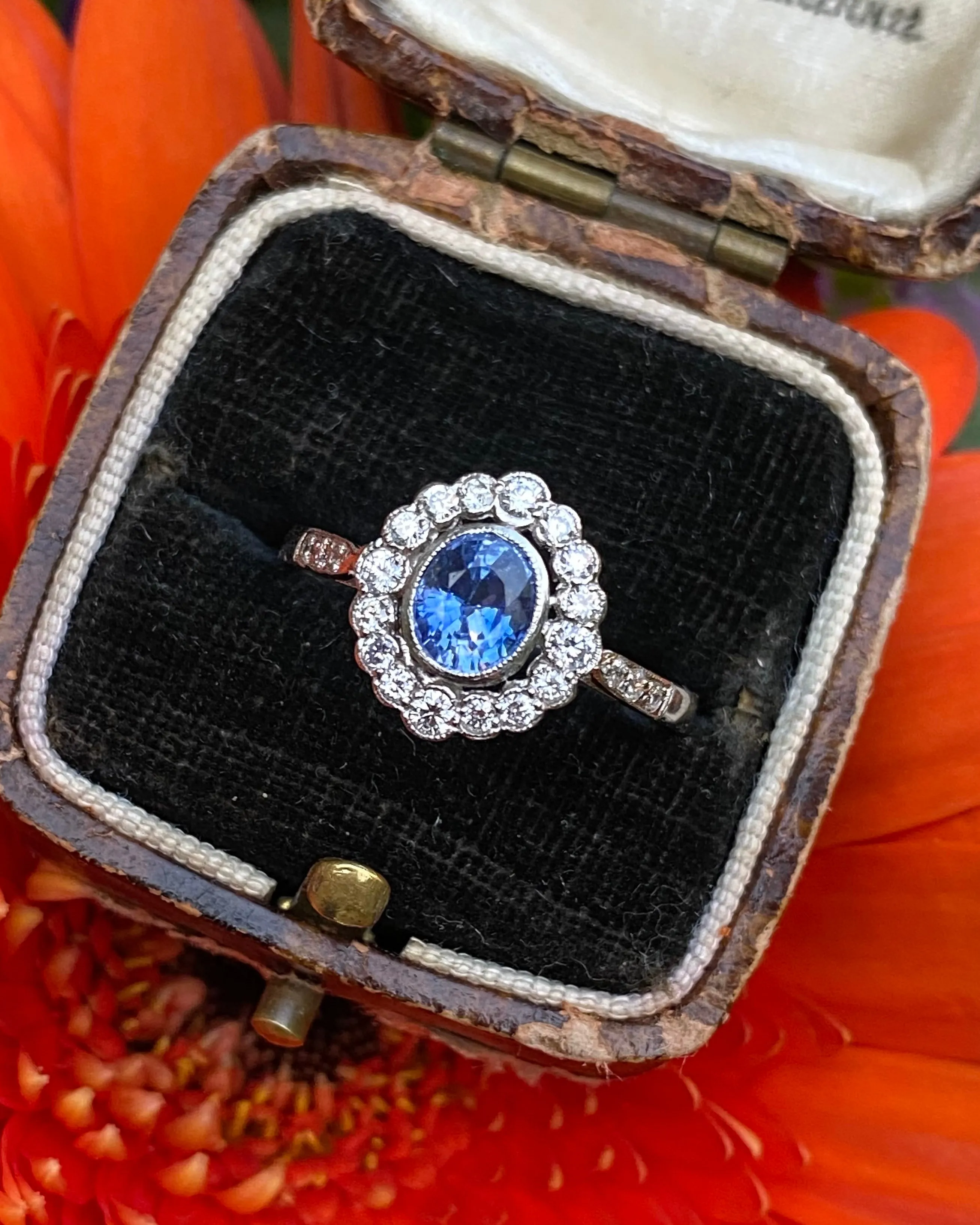 Sapphire and Diamond Cluster Platinum Ring 0.35ct   0.75ct