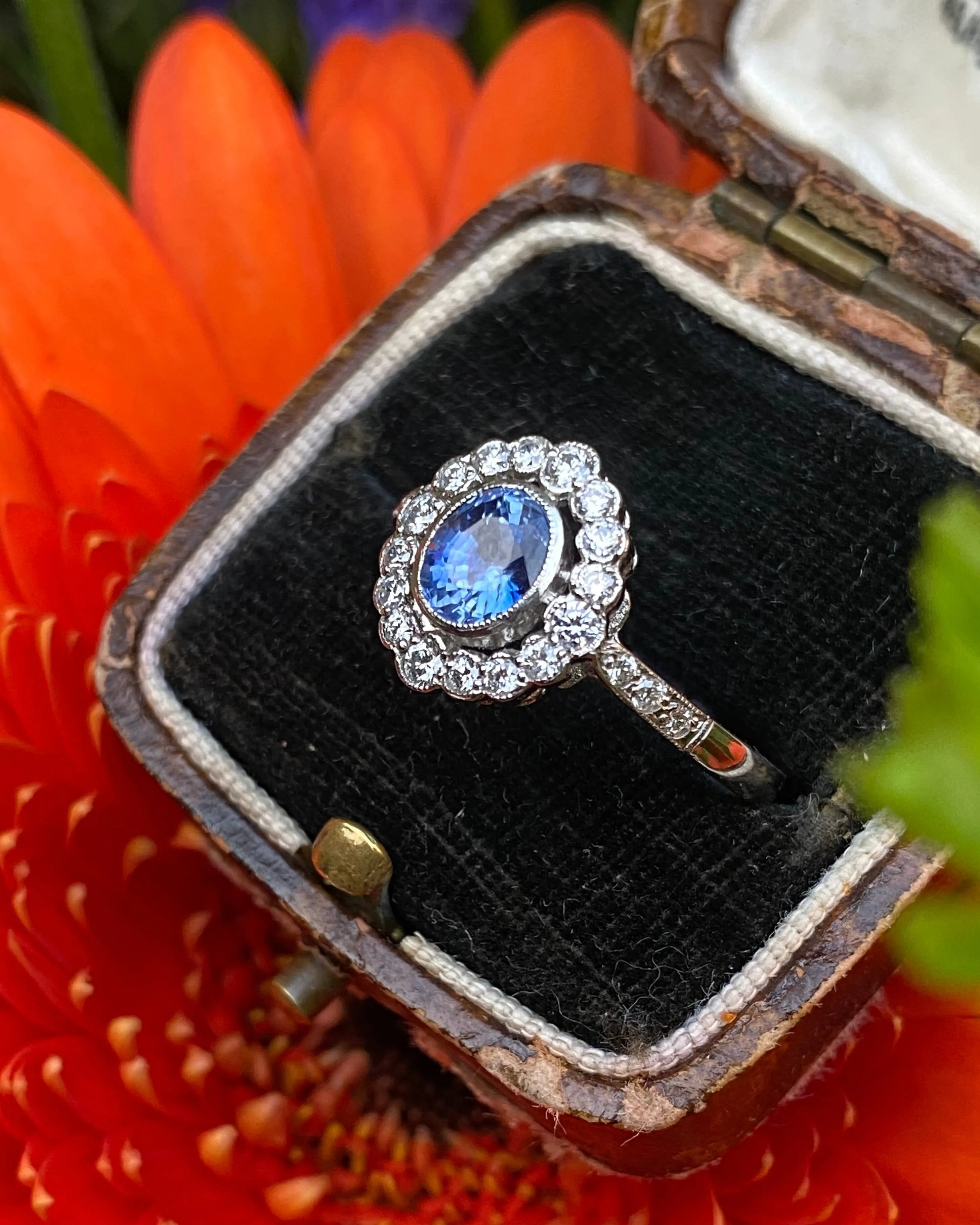 Sapphire and Diamond Cluster Platinum Ring 0.35ct   0.75ct