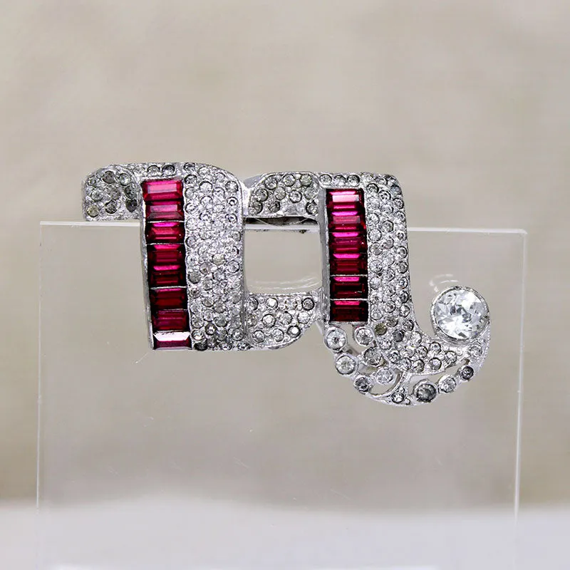 Sassy Art Deco Red & White Rhinestone Dress Clip