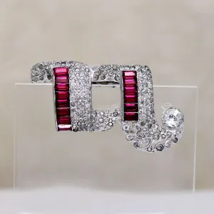 Sassy Art Deco Red & White Rhinestone Dress Clip