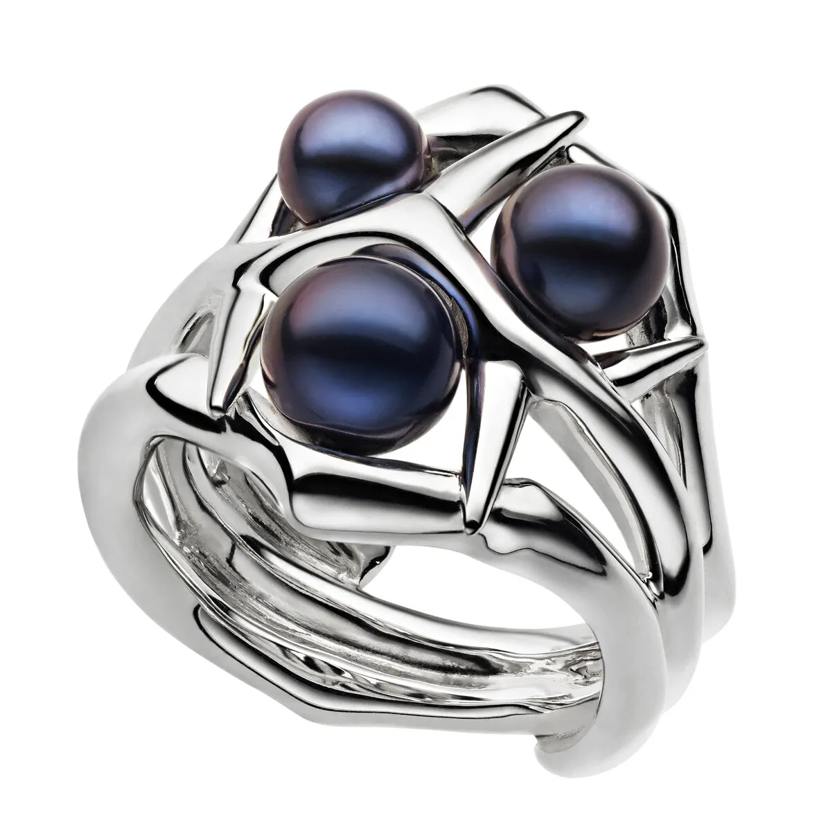 Shaun Leane Blackthorn Sterling Silver Black Pearl Triple Ring