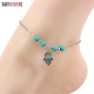 SHEEGIOR Sexy Barefoot Beach Turquoises Anklets Women Lovely Fatima Hand/Tree/Cross Silver Pendants Ankle Bracelets Foot Jewelry