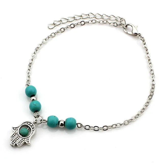 SHEEGIOR Sexy Barefoot Beach Turquoises Anklets Women Lovely Fatima Hand/Tree/Cross Silver Pendants Ankle Bracelets Foot Jewelry
