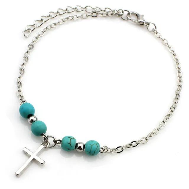 SHEEGIOR Sexy Barefoot Beach Turquoises Anklets Women Lovely Fatima Hand/Tree/Cross Silver Pendants Ankle Bracelets Foot Jewelry