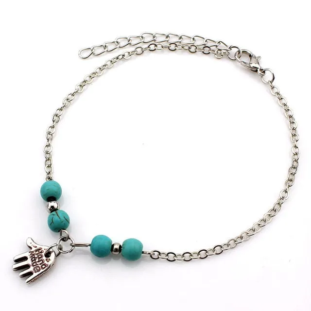 SHEEGIOR Sexy Barefoot Beach Turquoises Anklets Women Lovely Fatima Hand/Tree/Cross Silver Pendants Ankle Bracelets Foot Jewelry