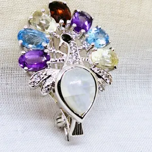 Silver Faux Jewelled Peacock Brooch