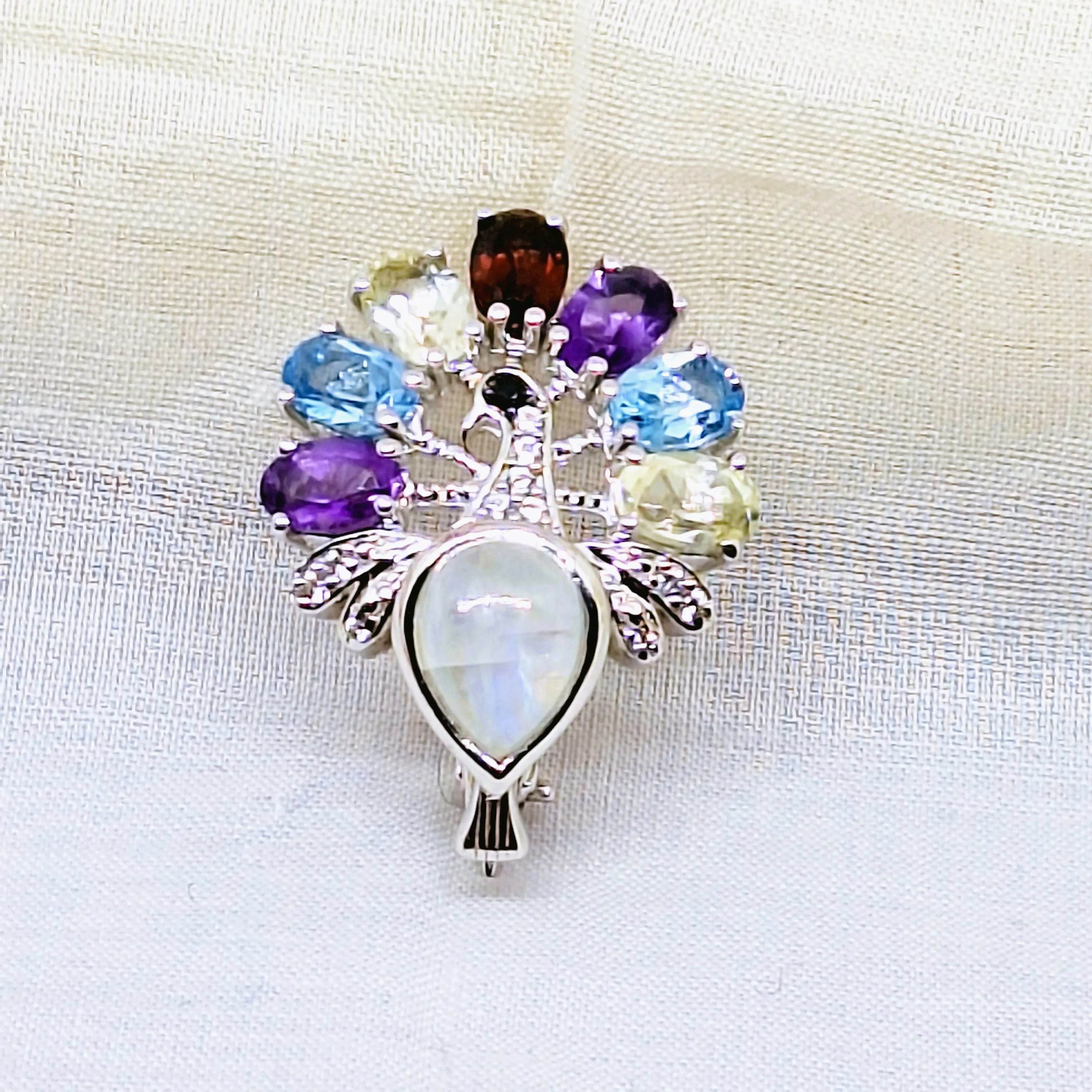 Silver Faux Jewelled Peacock Brooch