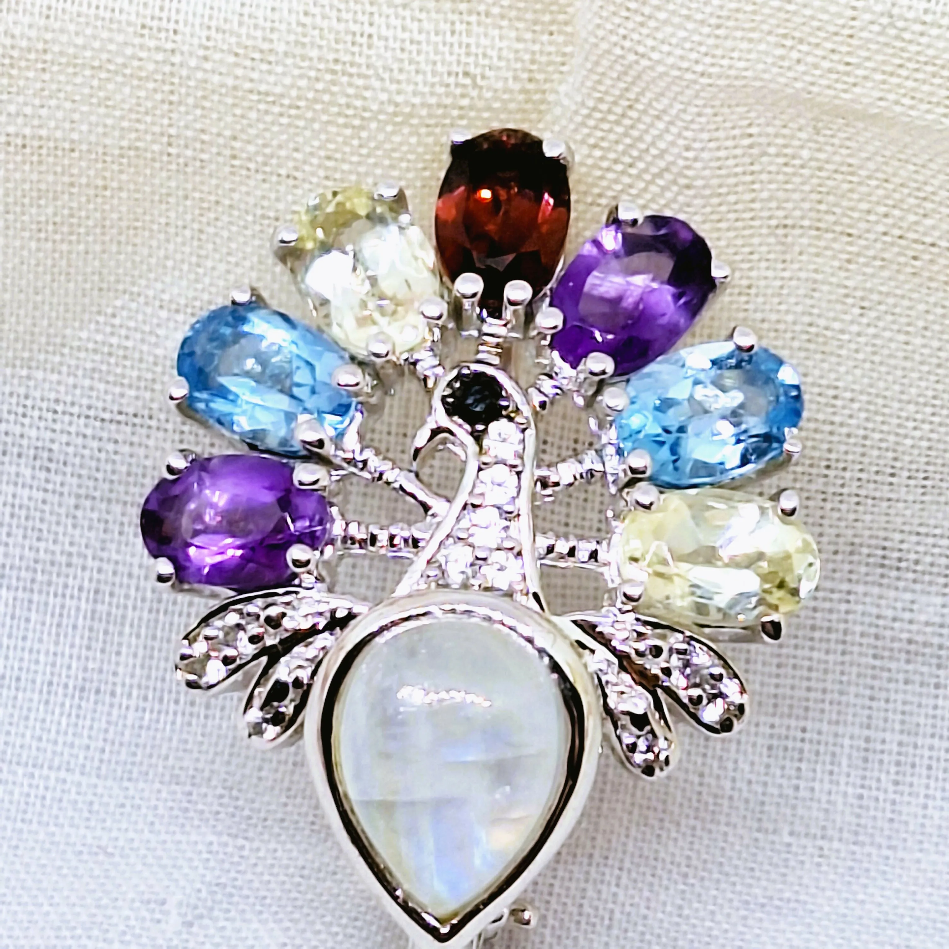 Silver Faux Jewelled Peacock Brooch