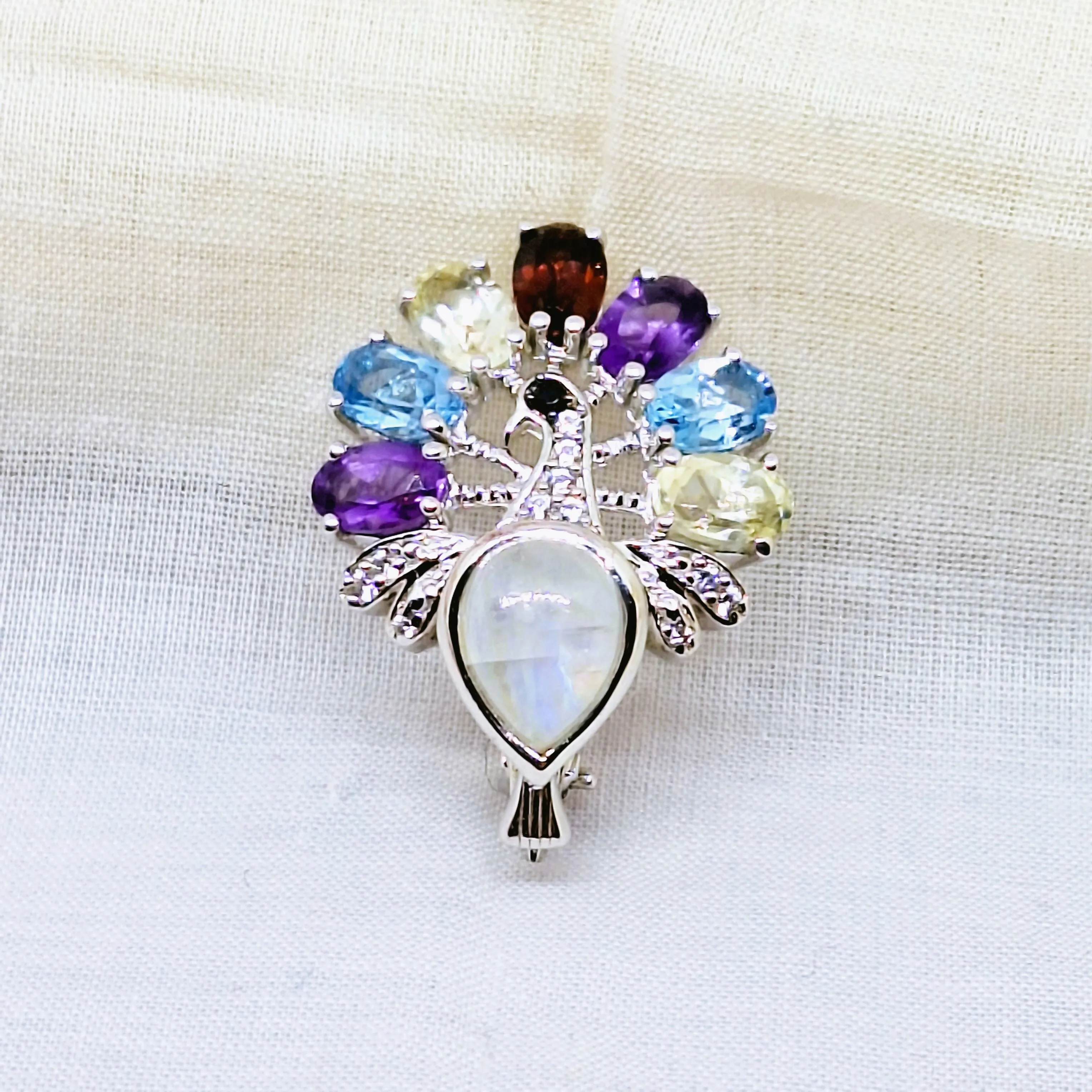 Silver Faux Jewelled Peacock Brooch