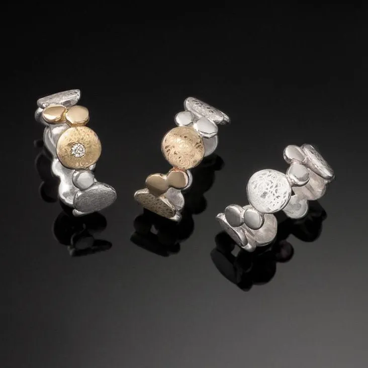 Silver Gold Pebble Scribbled Ring with diamond & stones