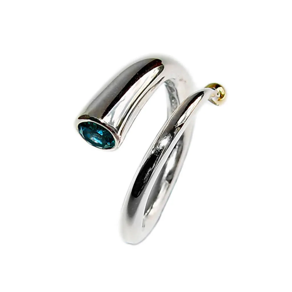 Silver spiral wiggly ring with blue topaz & 18K gold detail