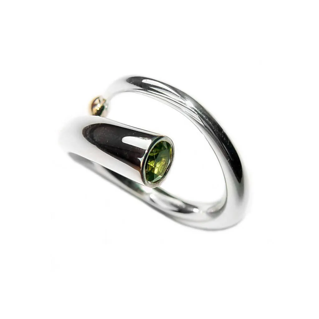 Silver spiral wiggly ring with blue topaz & 18K gold detail