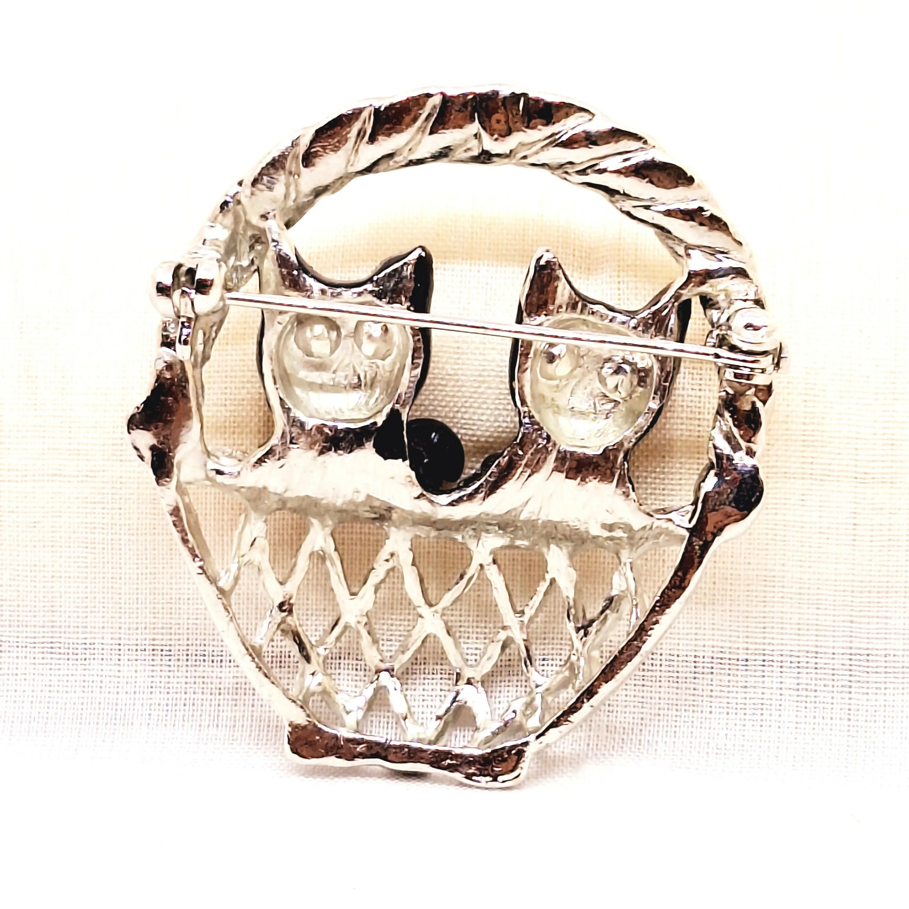 Silver Tone Cats in a Basket Brooch