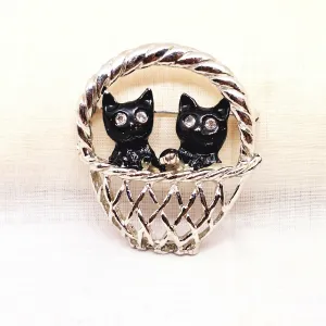 Silver Tone Cats in a Basket Brooch