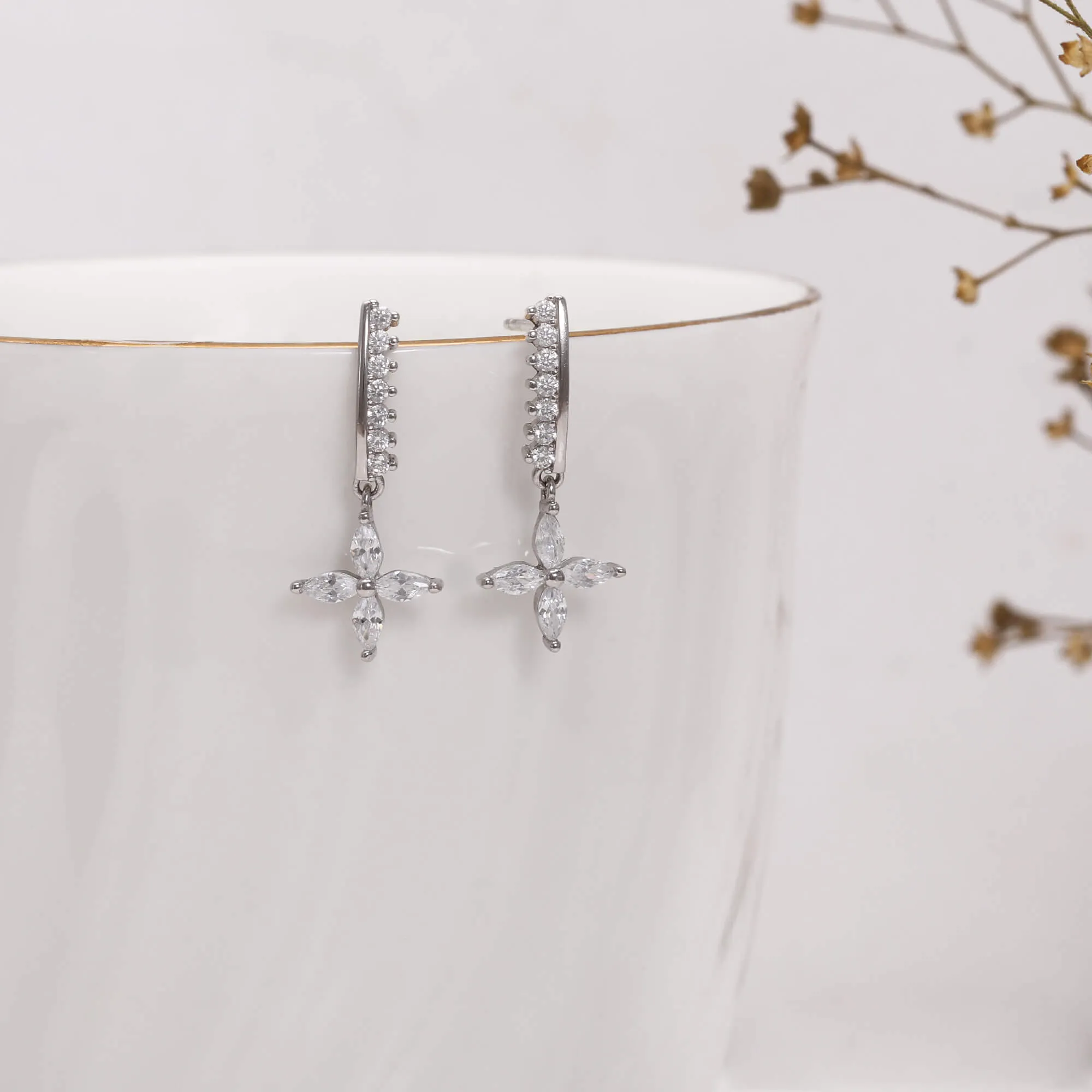 Silver Zircon Floret Drop Earrings