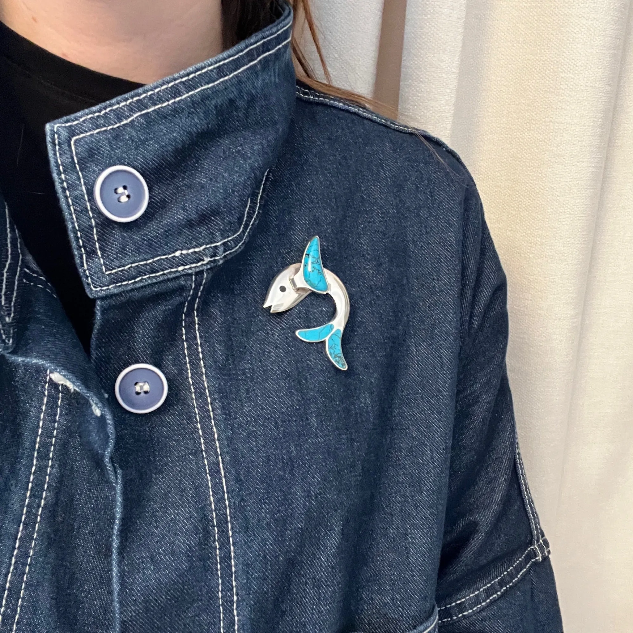 Slippery Silver Flying Fish Brooch with Turquoise Fins
