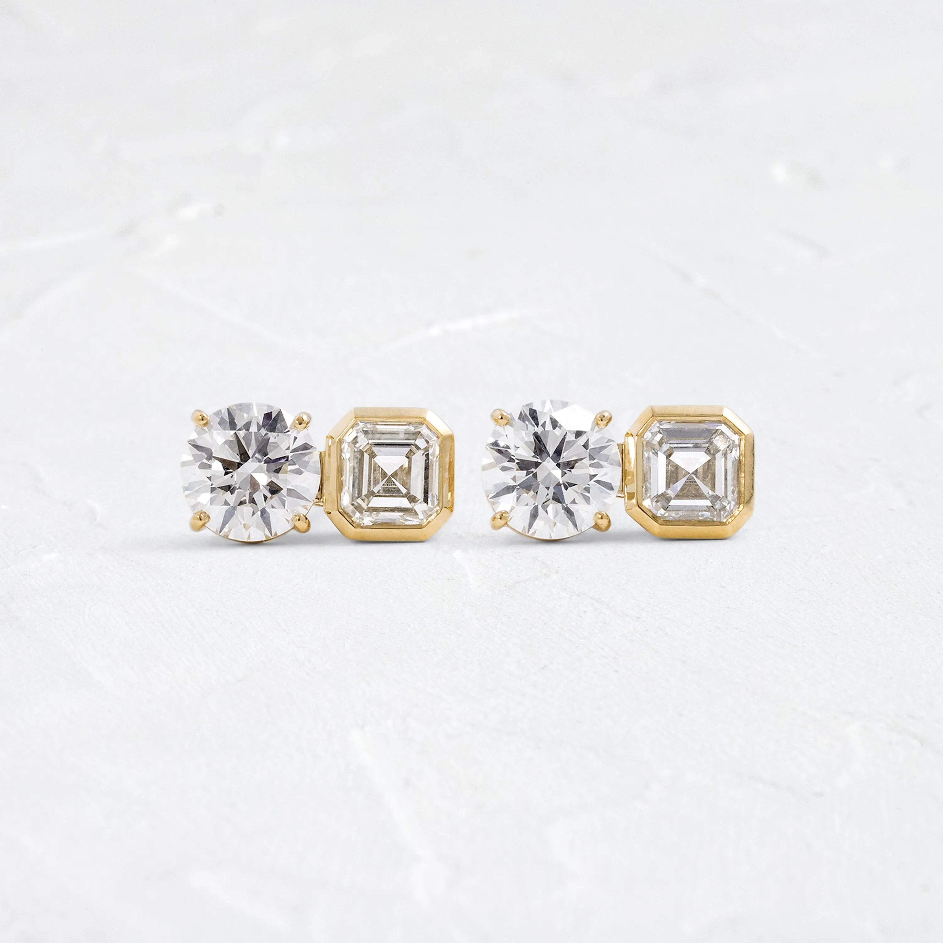 Split Bezel Studs, Round and Asscher Cuts