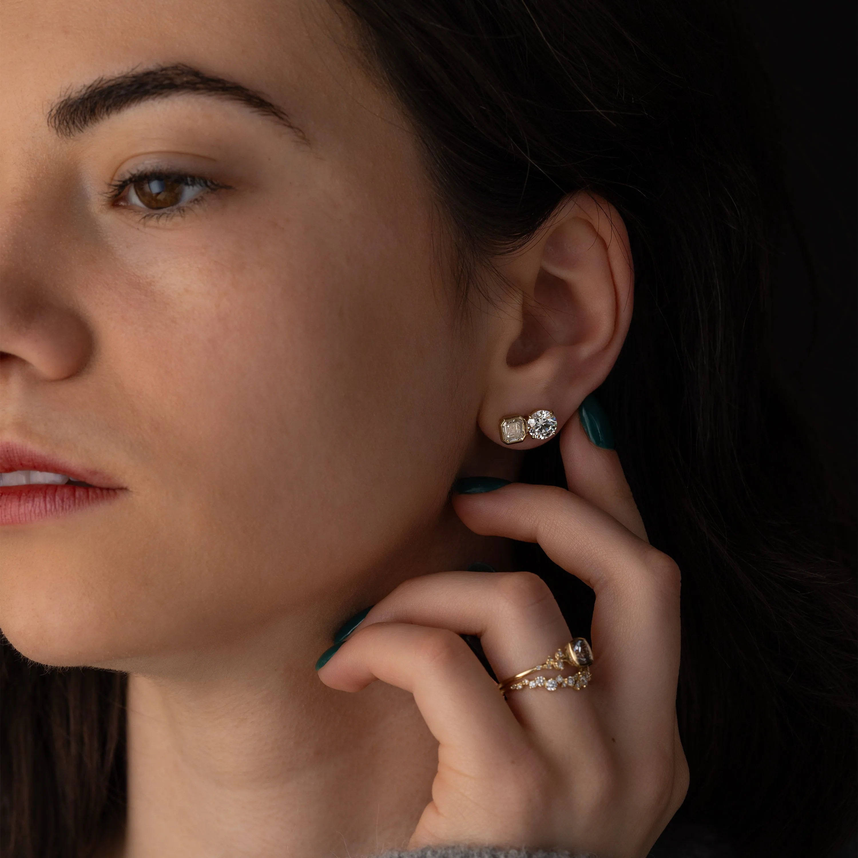 Split Bezel Studs, Round and Asscher Cuts