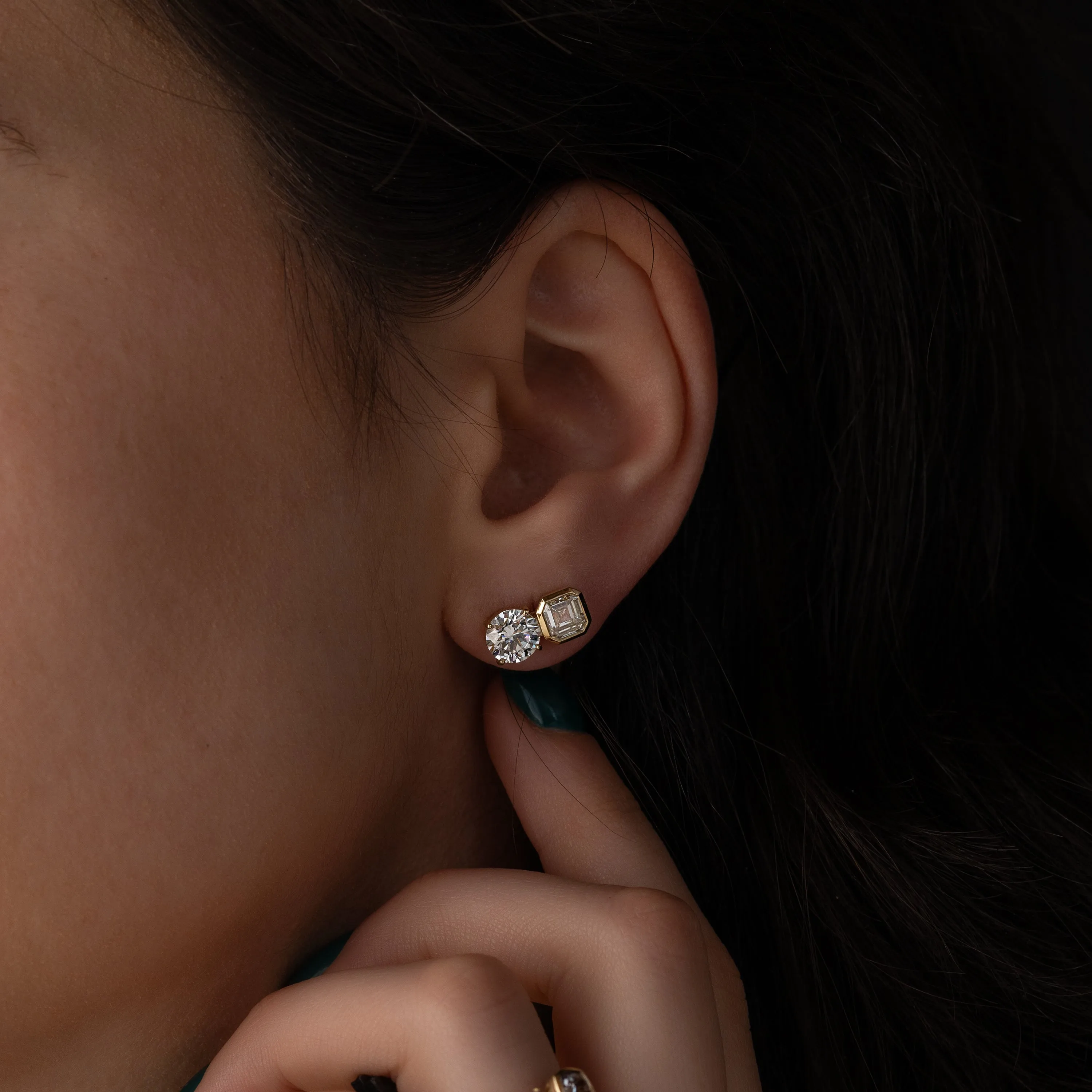 Split Bezel Studs, Round and Asscher Cuts