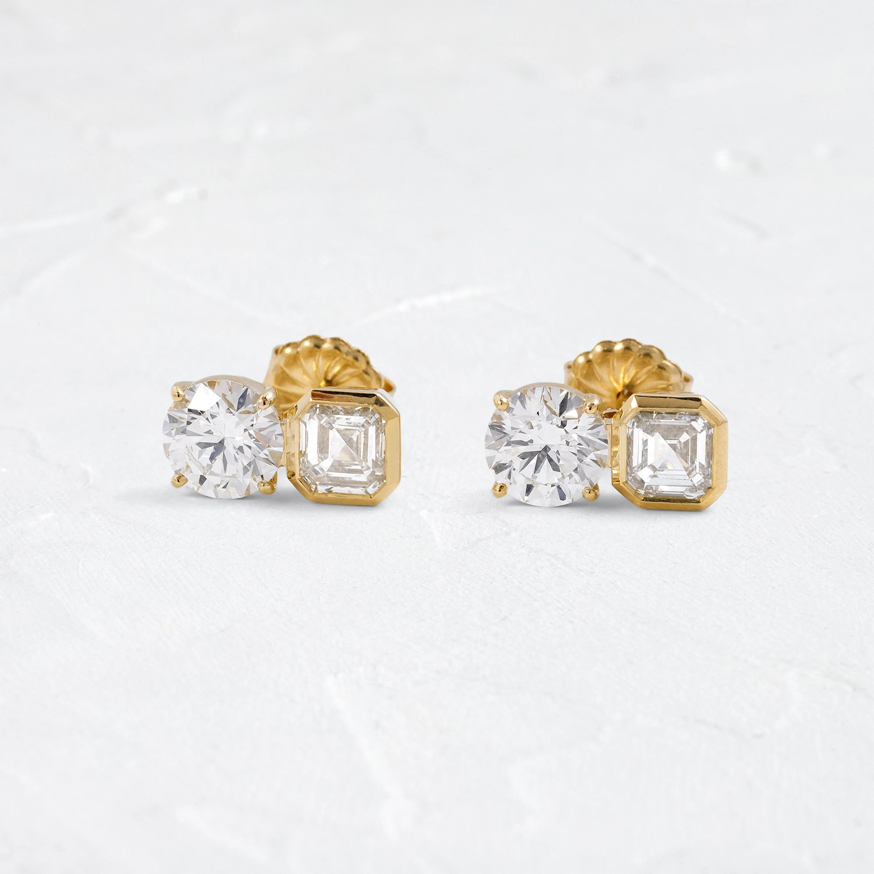 Split Bezel Studs, Round and Asscher Cuts