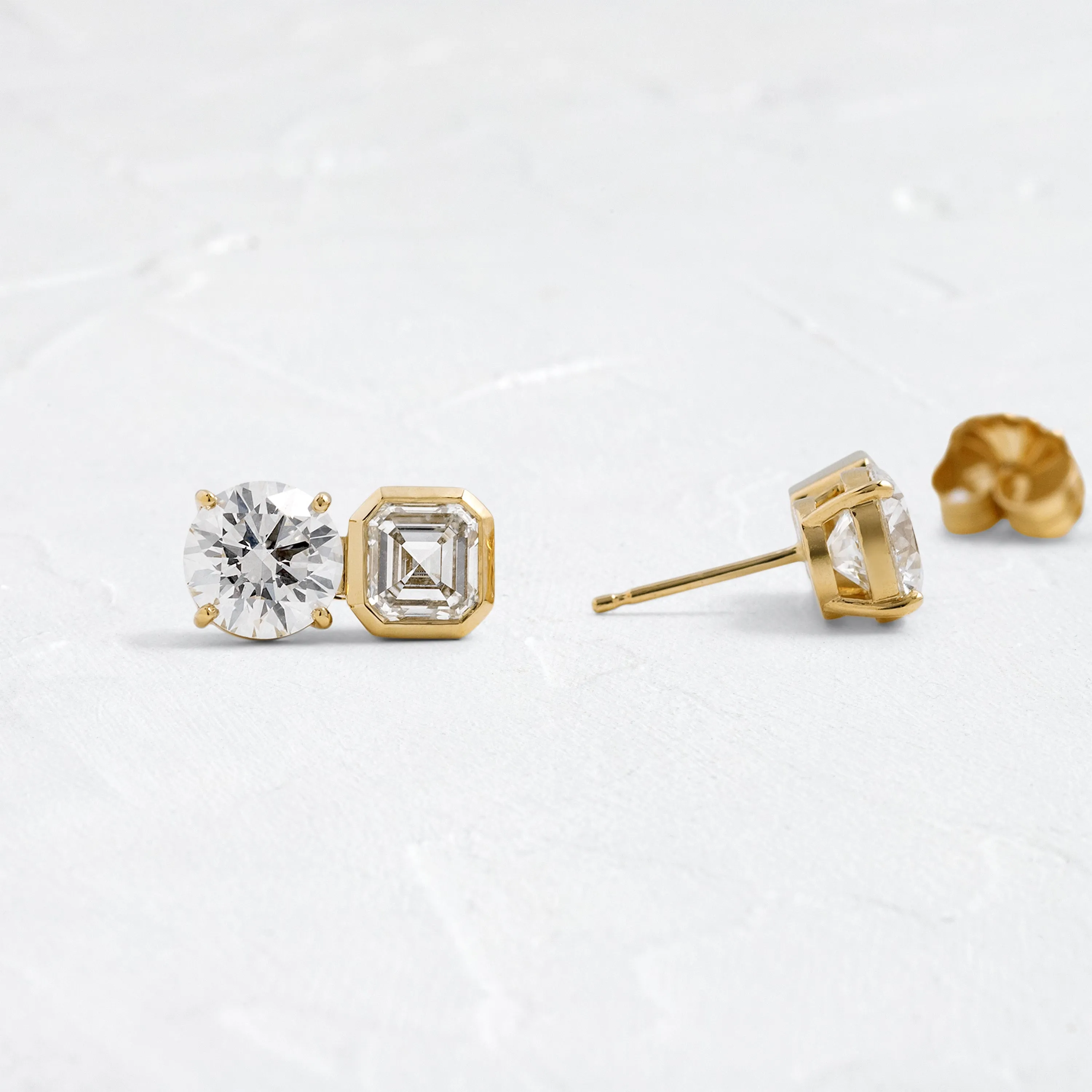Split Bezel Studs, Round and Asscher Cuts