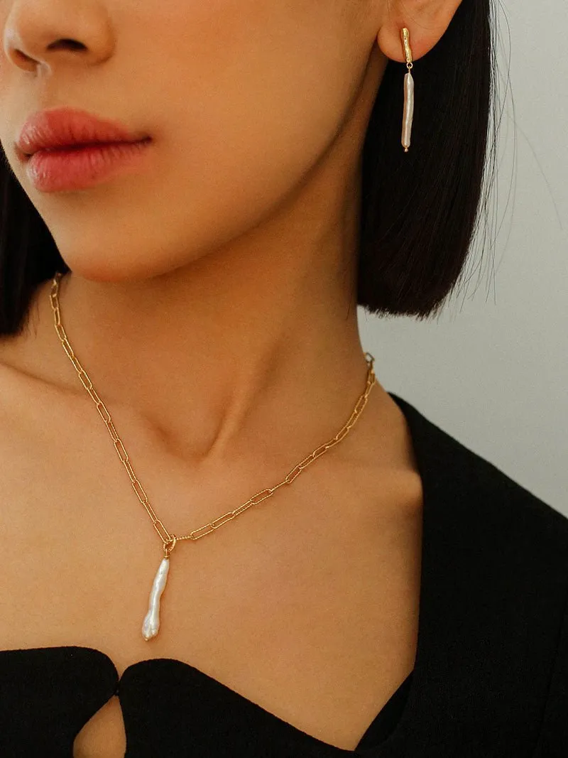 Square Chain Necklace with Toothpick Baroque Pearl Pendants