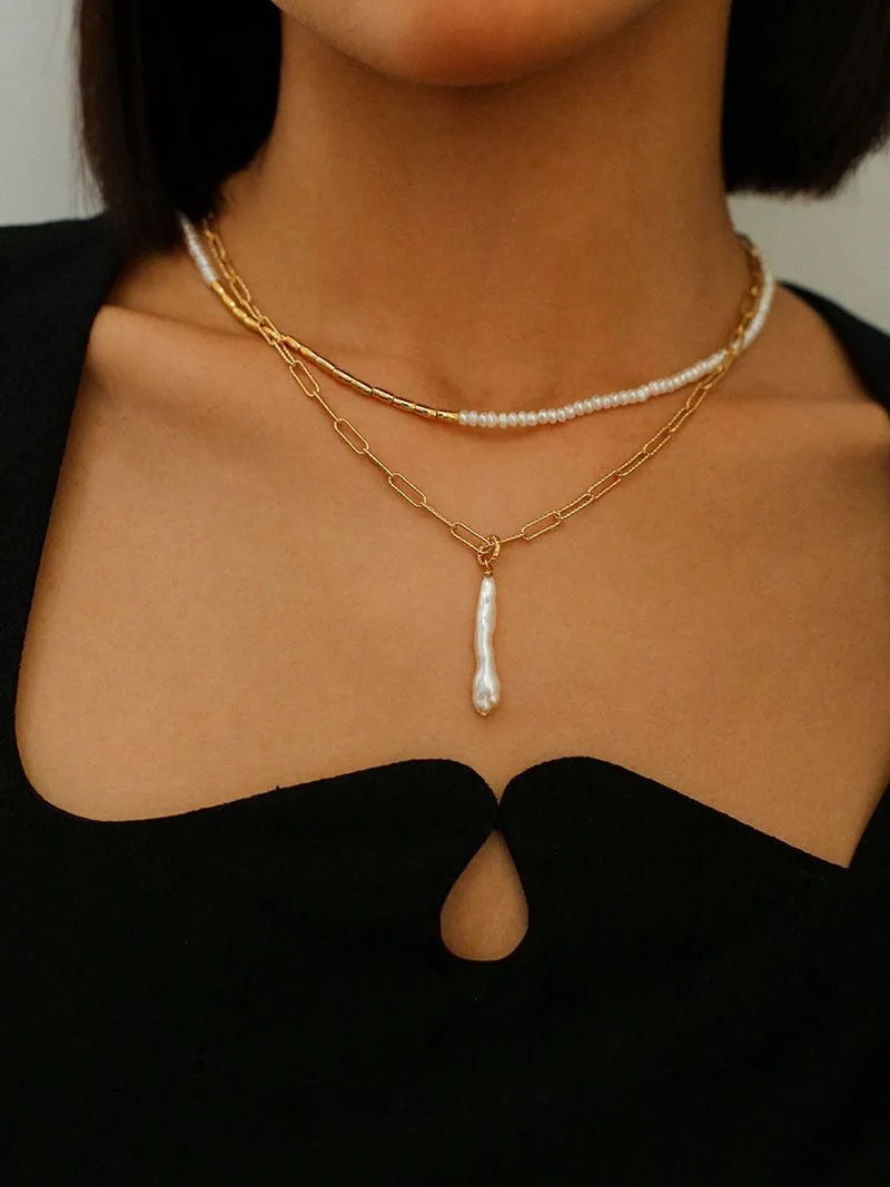 Square Chain Necklace with Toothpick Baroque Pearl Pendants