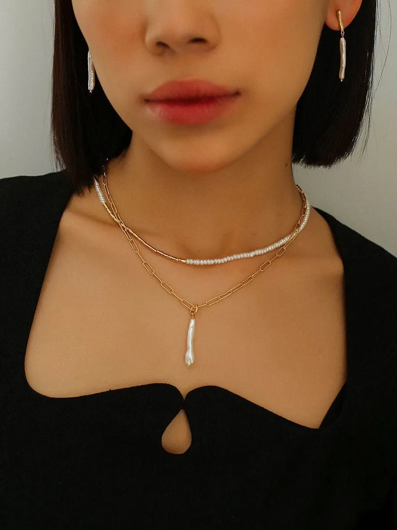 Square Chain Necklace with Toothpick Baroque Pearl Pendants
