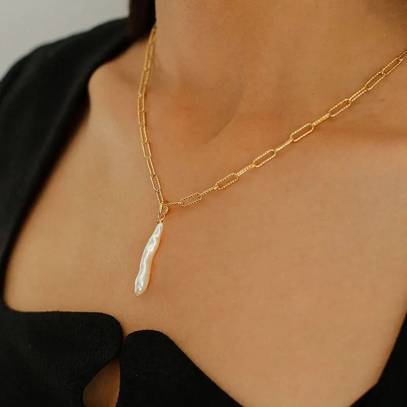 Square Chain Necklace with Toothpick Baroque Pearl Pendants