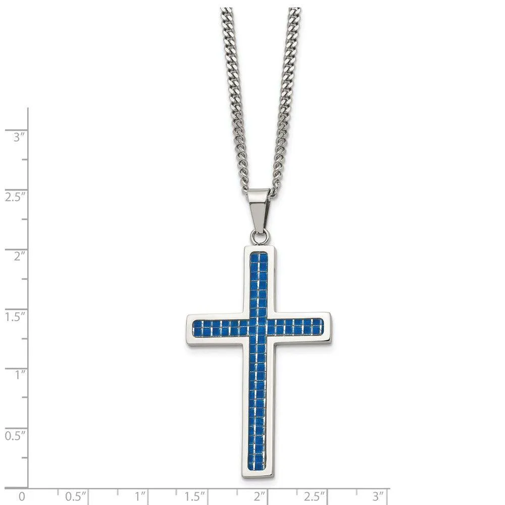 Stainless Steel Blue Carbon Fiber Inlay Polished Large Cross Necklace