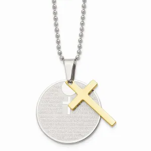Stainless Steel Brushed/Polished Yellow IP Lords Prayer Cross Necklace
